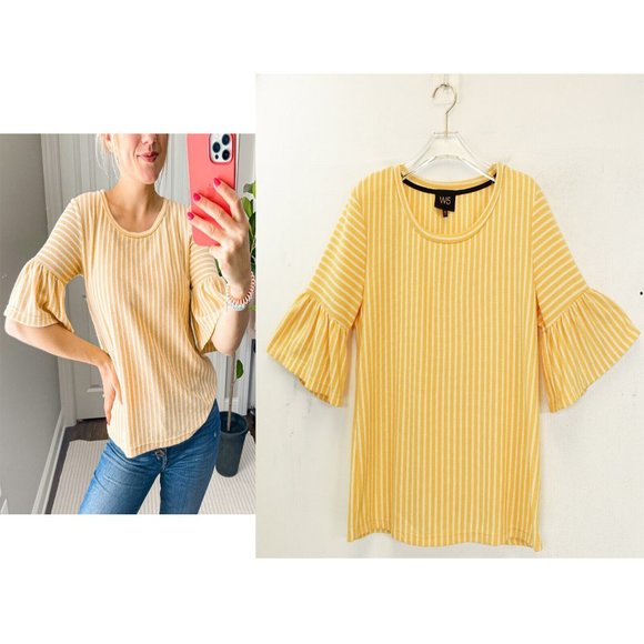 ANTHROPOLOGIE x W5 Women Yellow Ivory Top MEDIUM Striped Bell Sleeve Made in USA - Picture 1 of 11